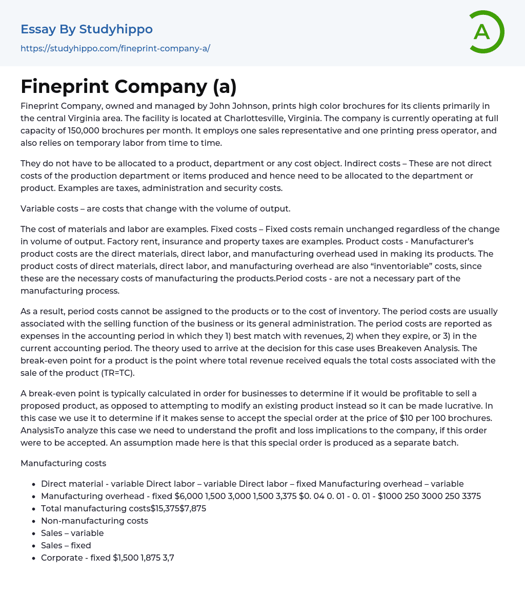 Fineprint Company (a) Essay Example