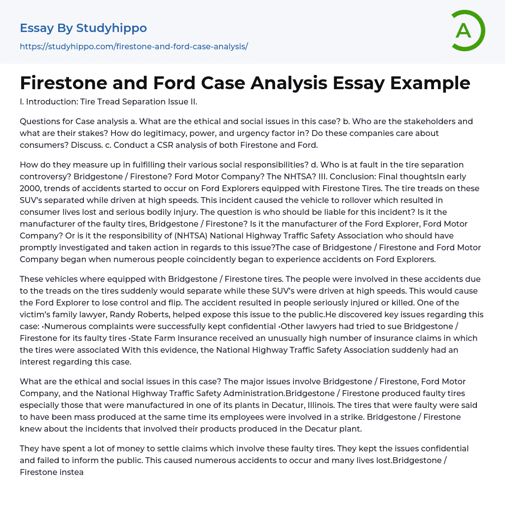 Firestone and Ford Case Analysis Essay Example