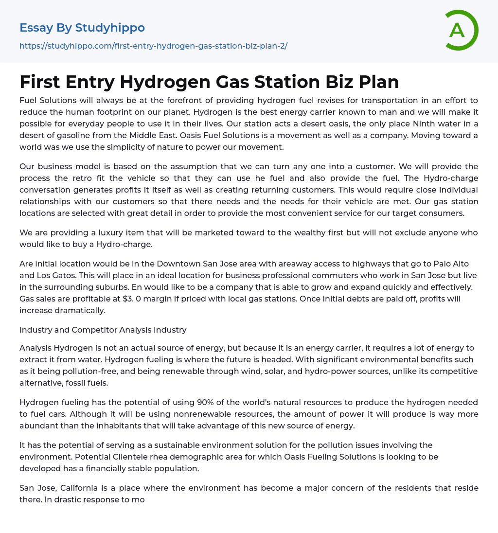 First Entry Hydrogen Gas Station Biz Plan Essay Example