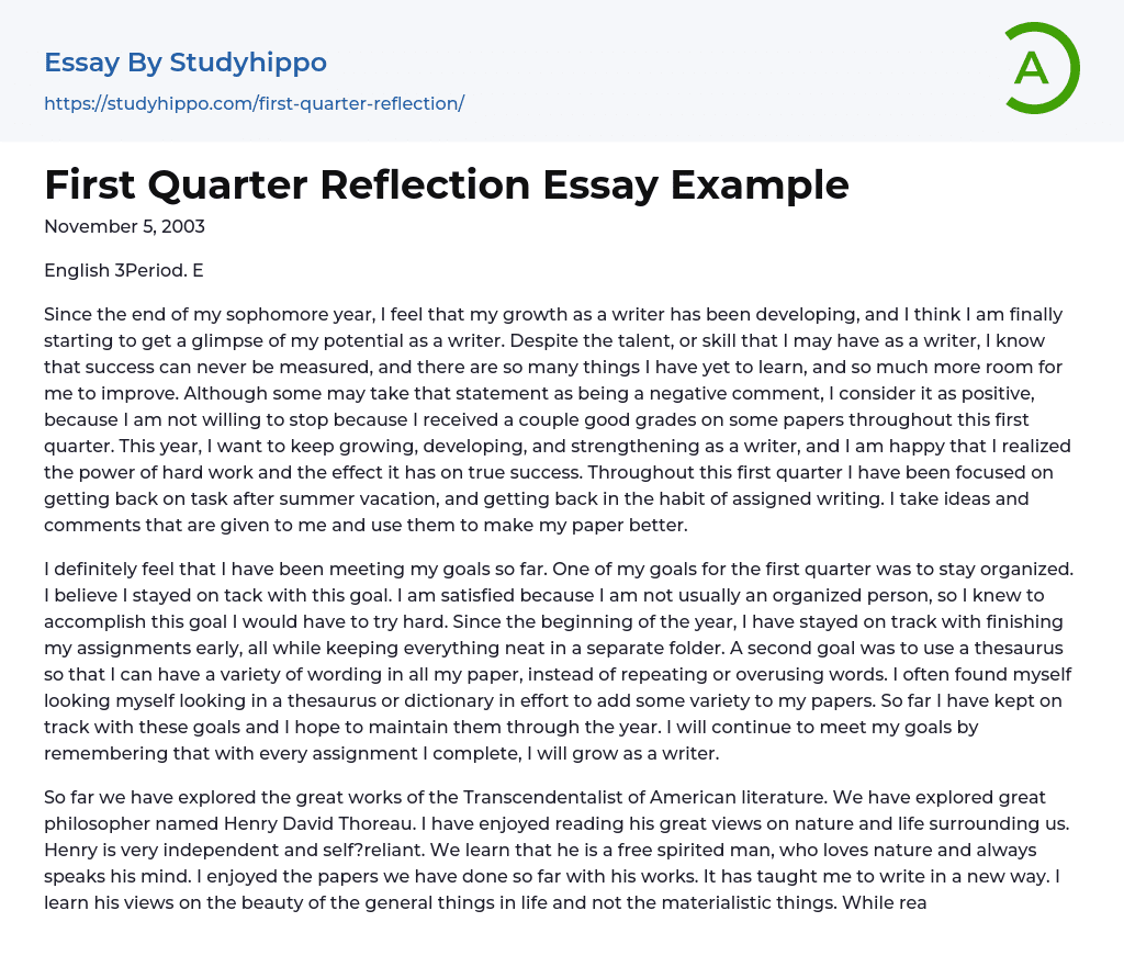 First Quarter Reflection Essay Example