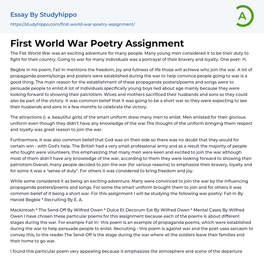 First World War Poetry Assignment Essay Example