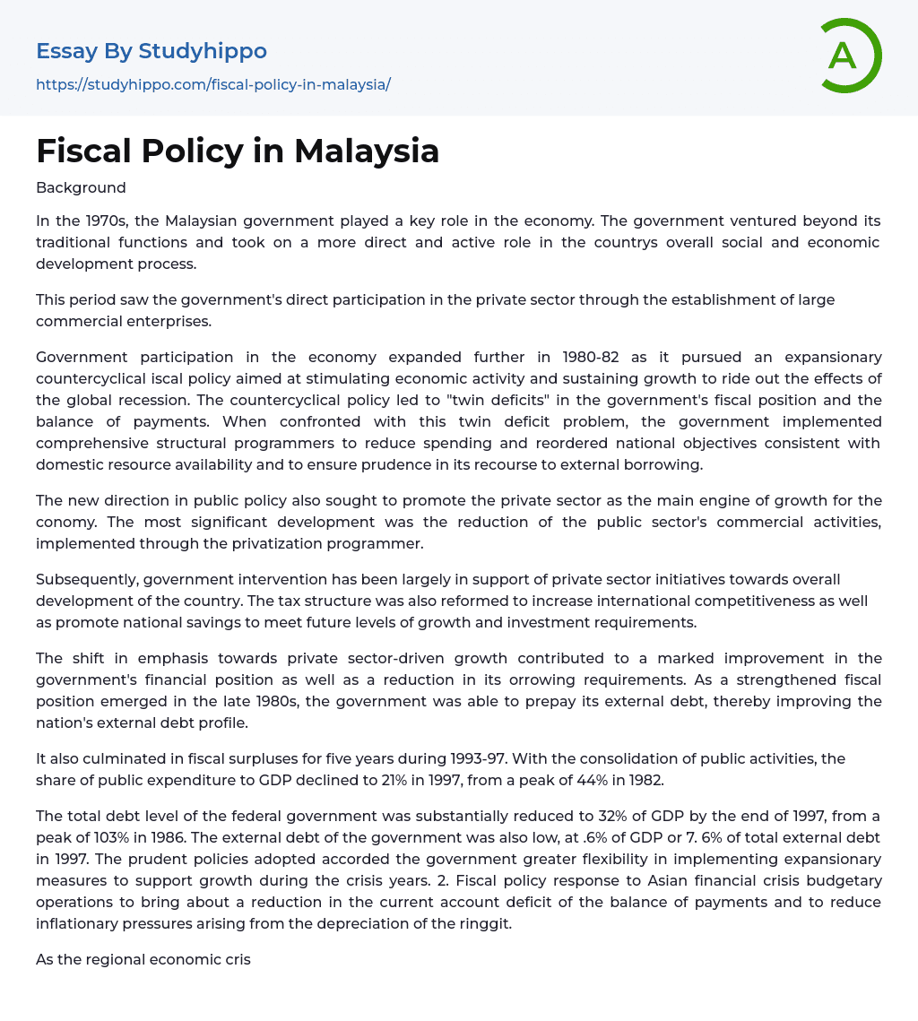 Fiscal Policy in Malaysia Essay Example
