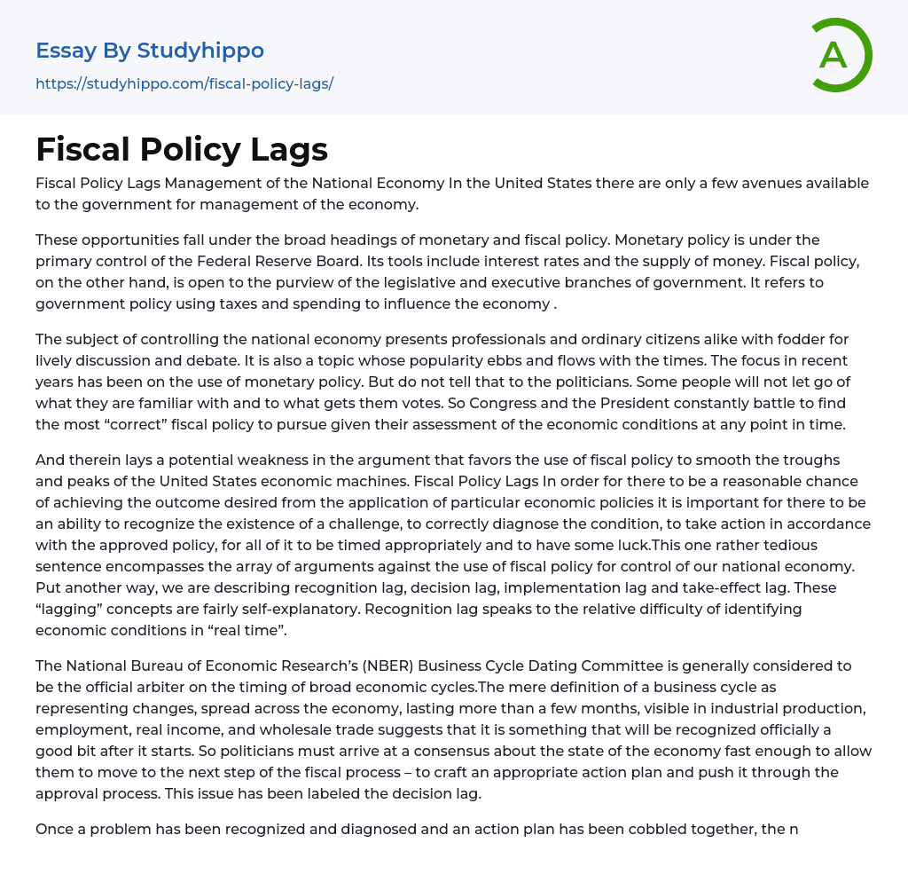 Fiscal Policy Lags Essay Example