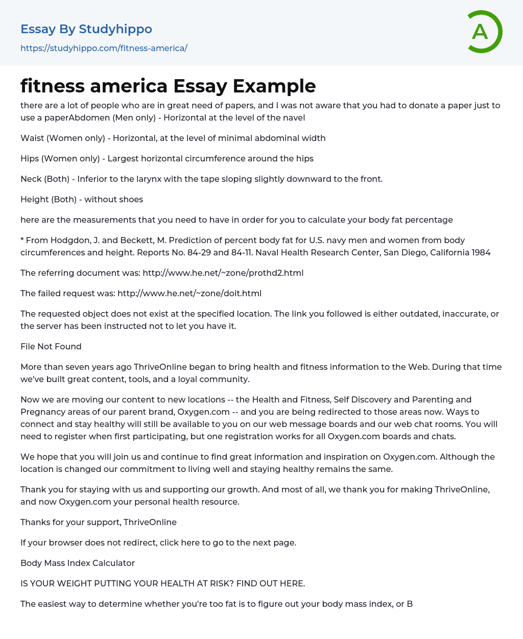 fitness america Essay Example