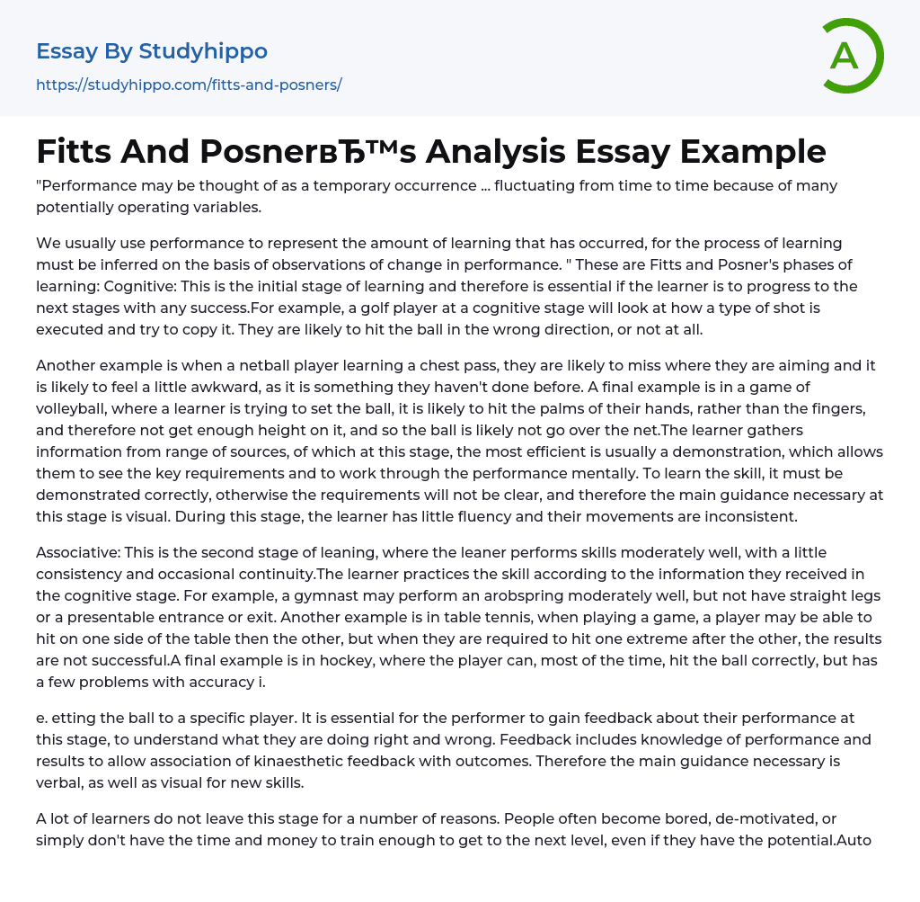 Fitts And Posner’s Analysis Essay Example