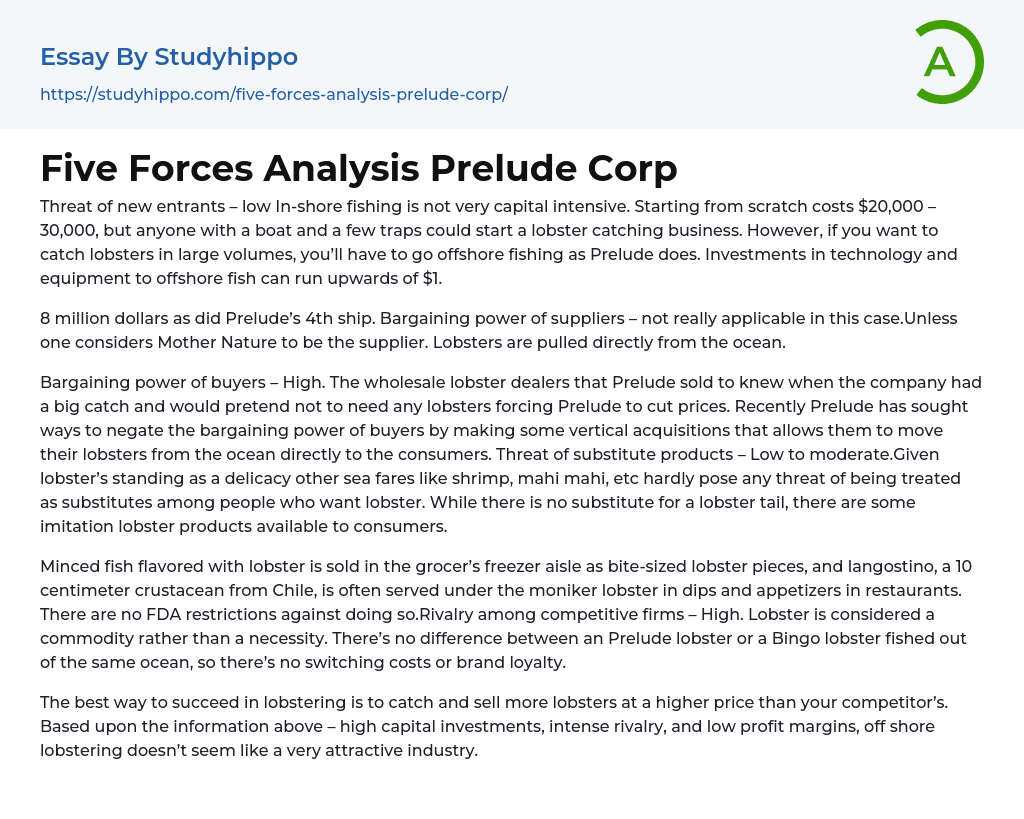 Five Forces Analysis Prelude Corp Essay Example