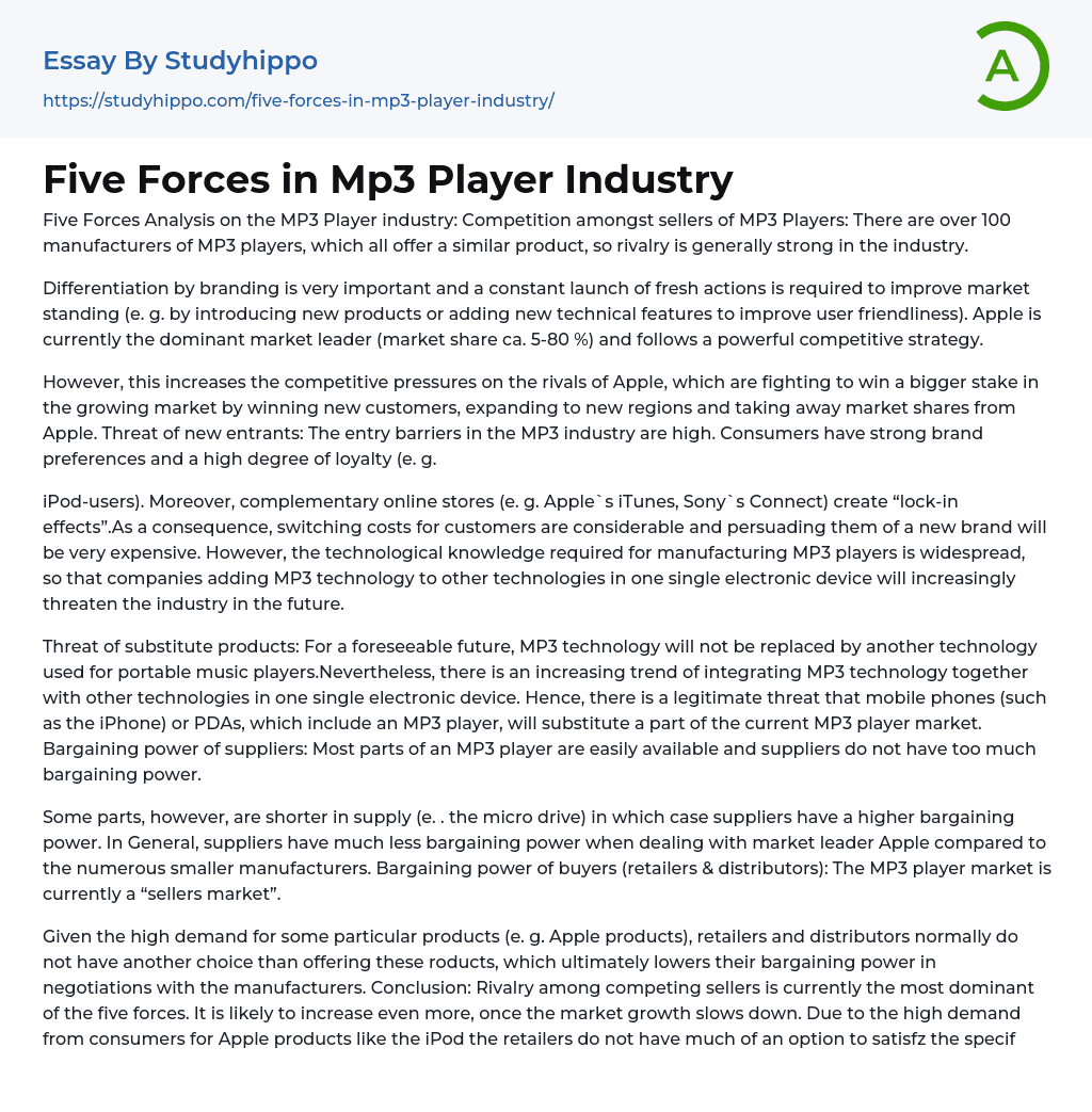 Five Forces in Mp3 Player Industry Essay Example