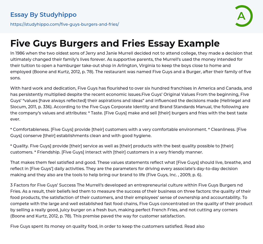 Five Guys Burgers and Fries Essay Example
