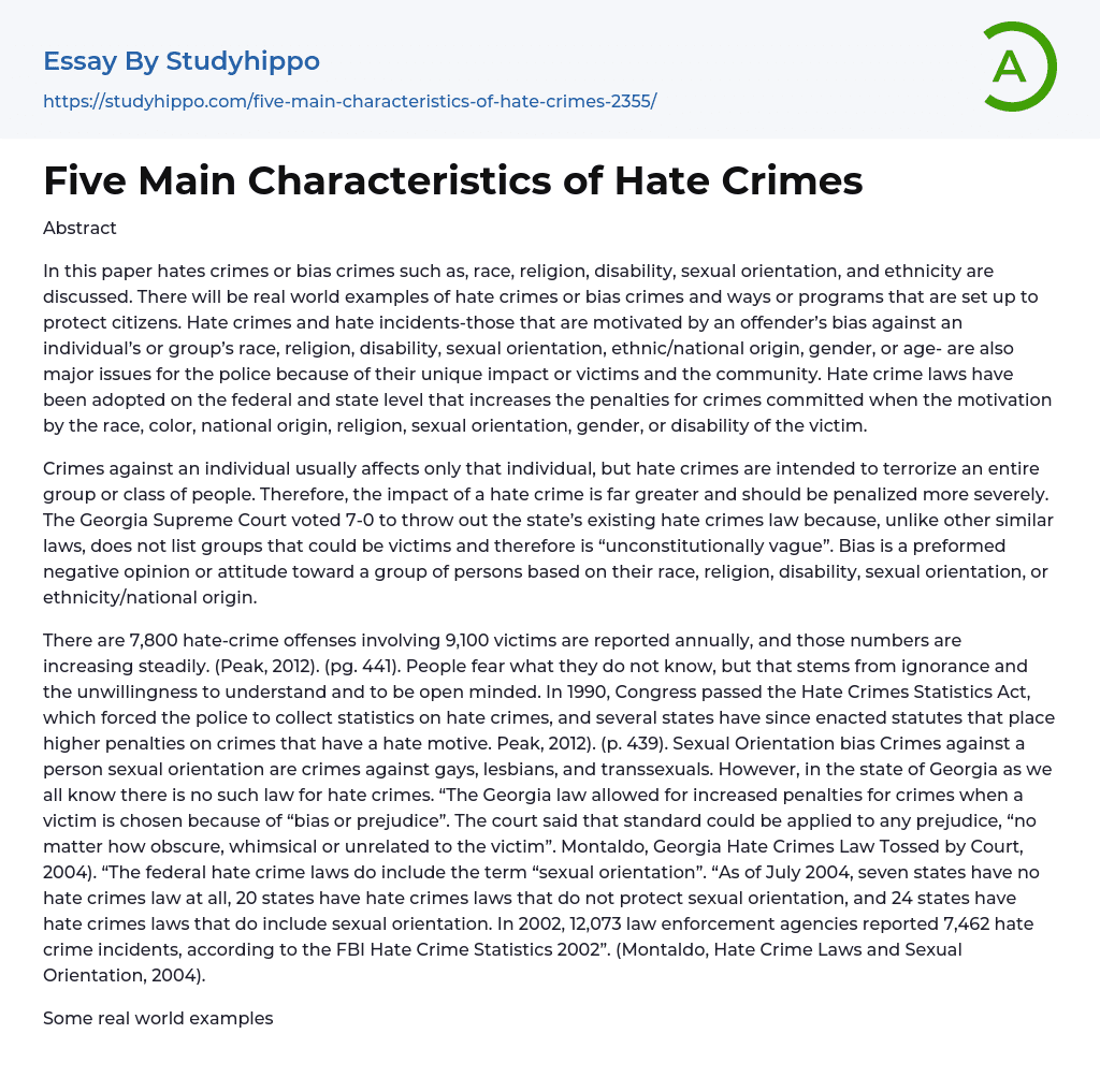 Five Main Characteristics of Hate Crimes Essay Example