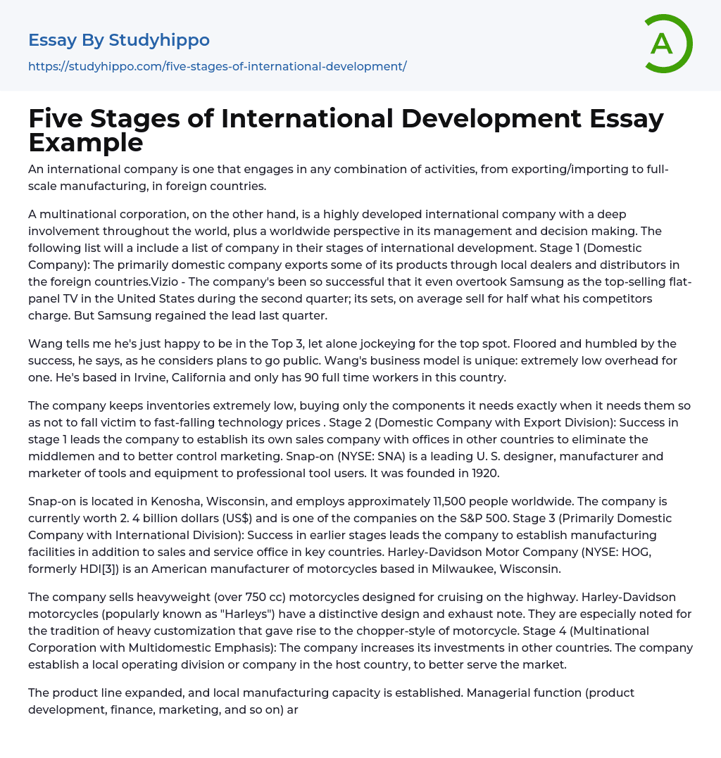 Five Stages of International Development Essay Example