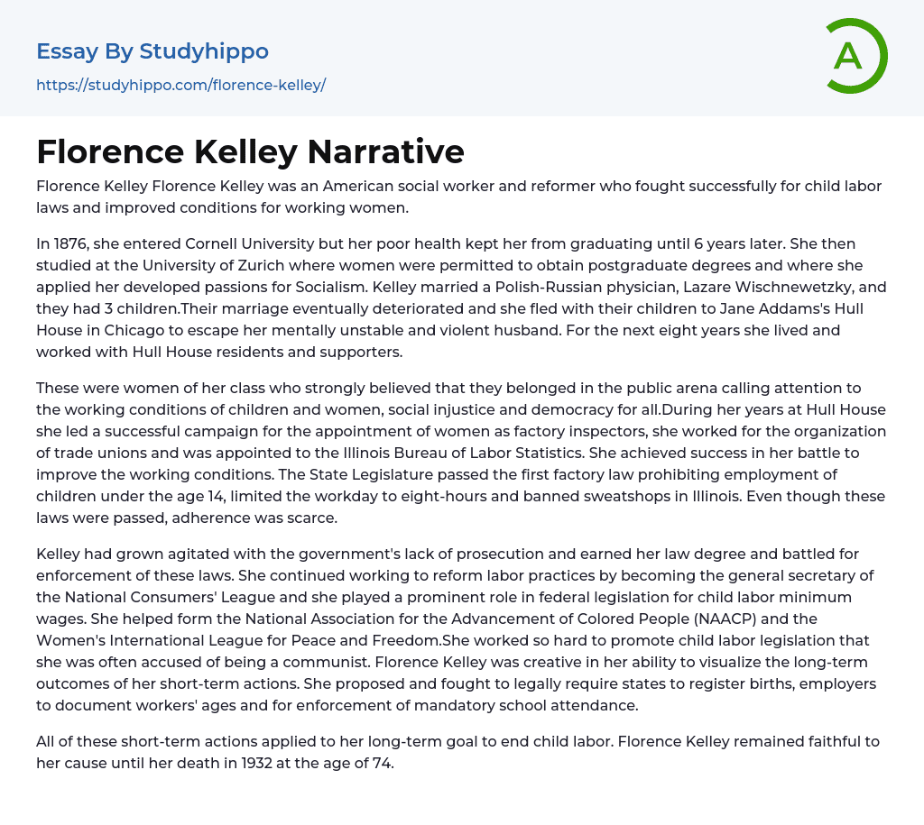 Florence Kelley Narrative Essay Example