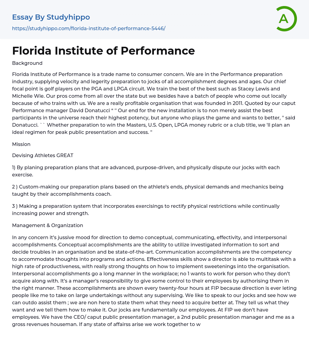 Florida Institute of Performance Essay Example