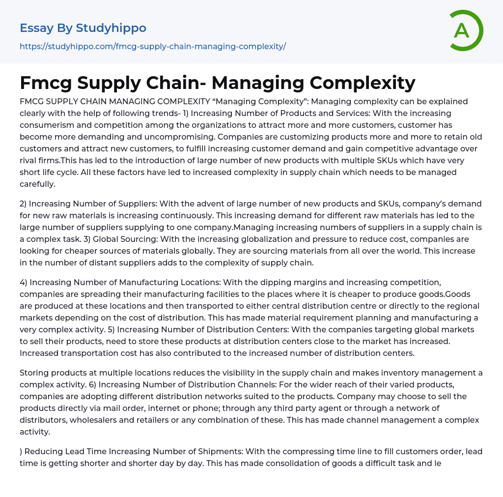 Fmcg Supply Chain – Managing Complexity Essay Example