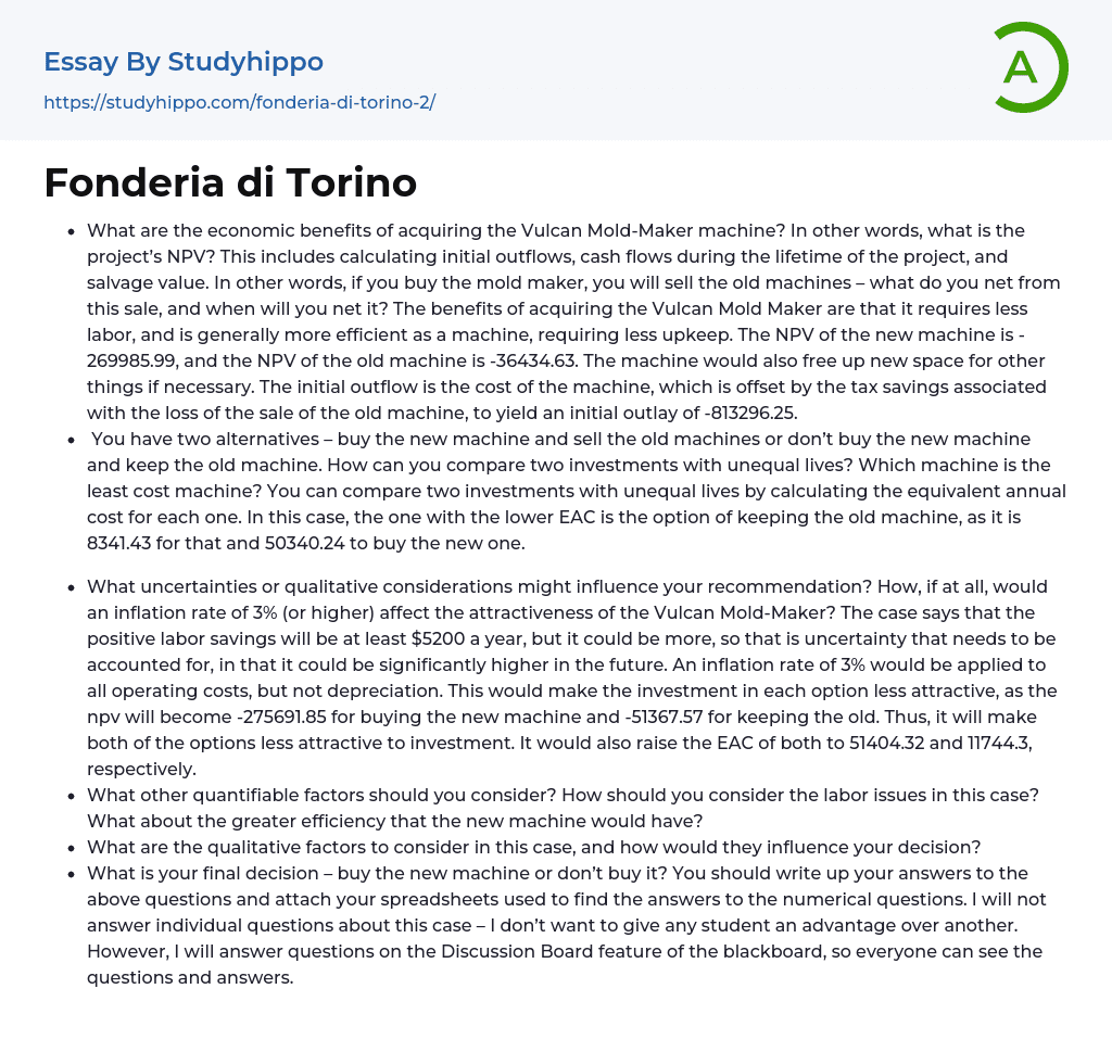 Fonderia di Torino Essay Example