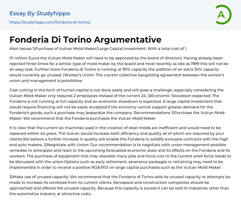 Fonderia Di Torino Argumentative Essay Example