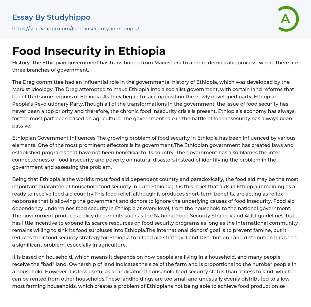 Food Insecurity in Ethiopia Essay Example