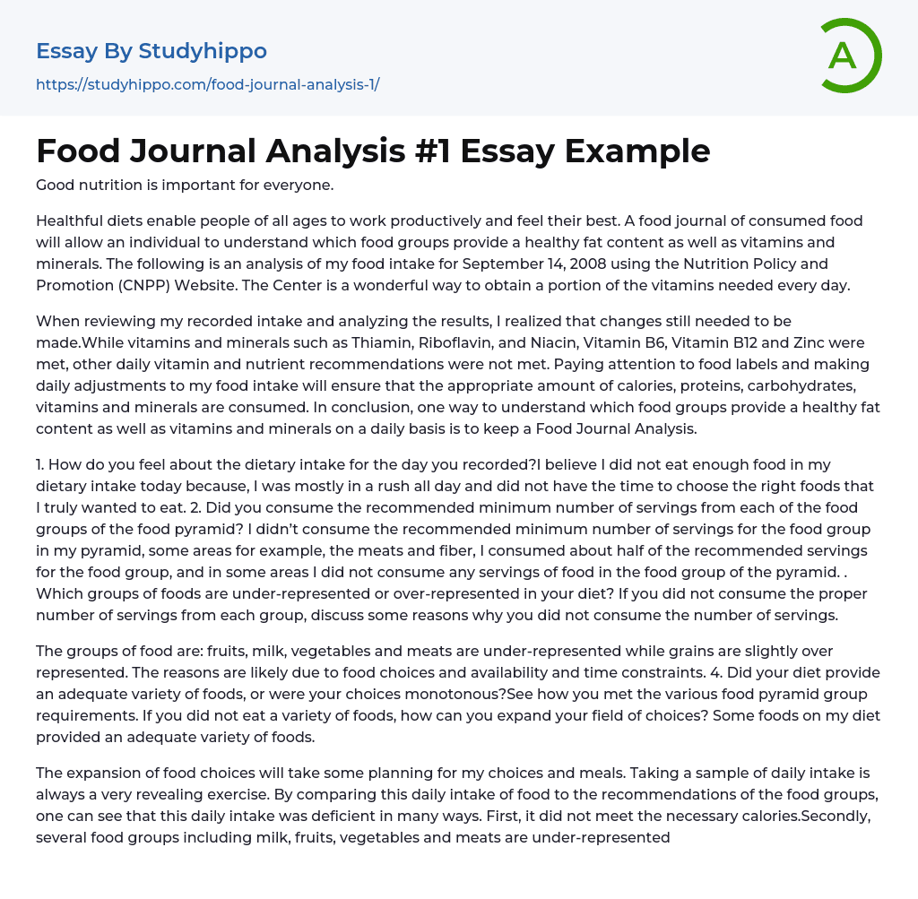 Food Journal Analysis #1 Essay Example