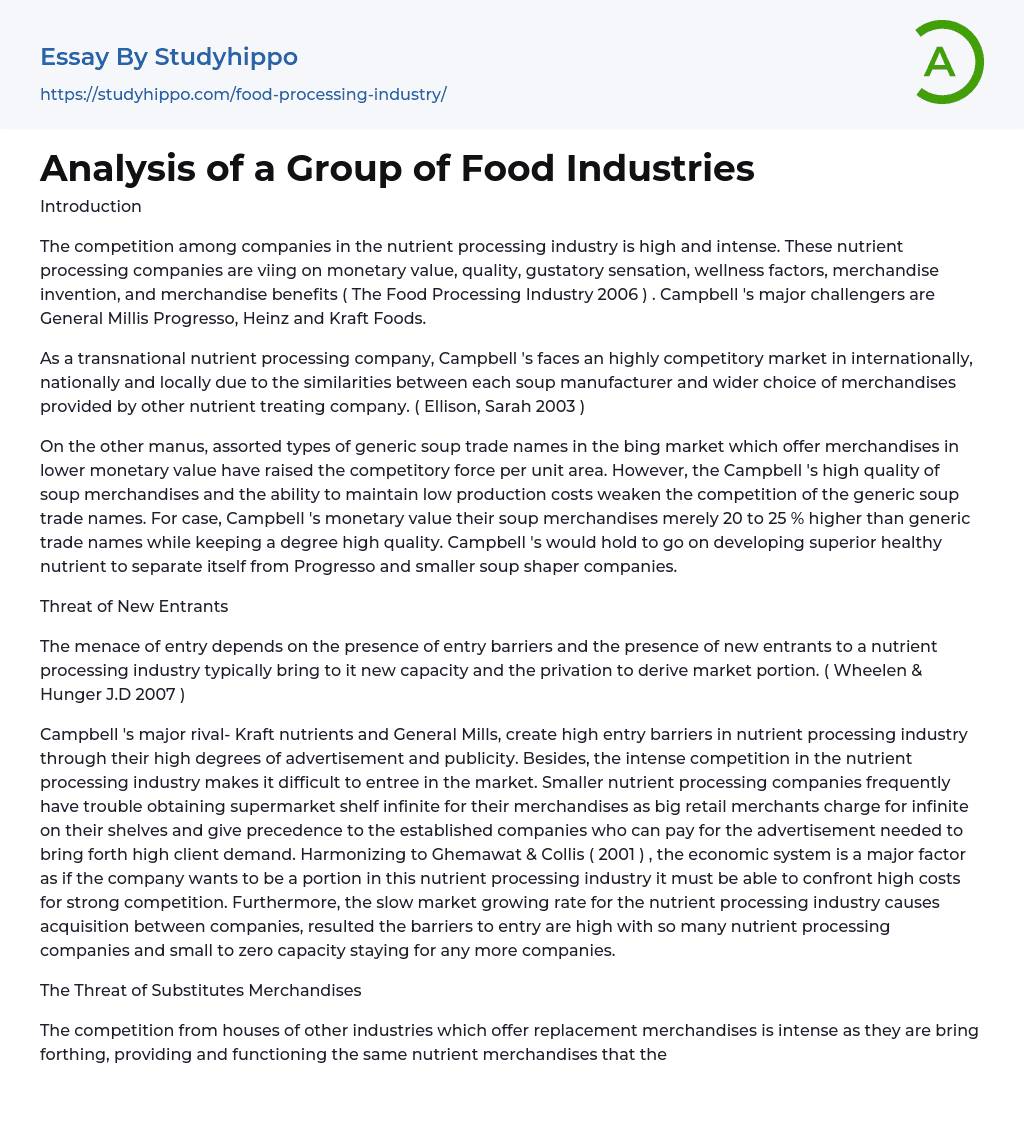Analysis of a Group of Food Industries Essay Example