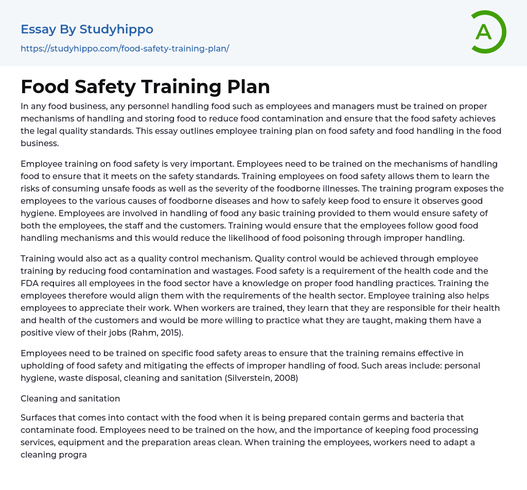 Food Safety Training Plan Essay Example