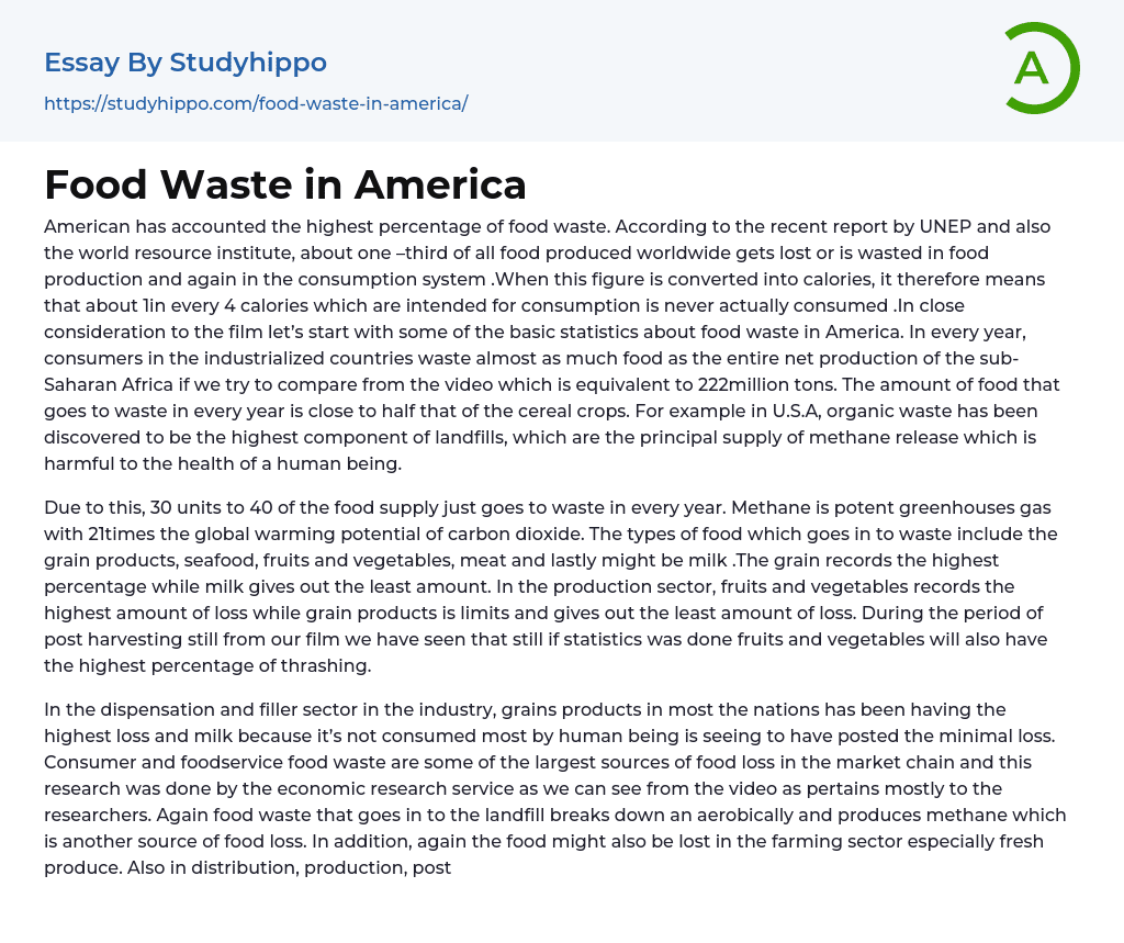 Food Waste in America Essay Example