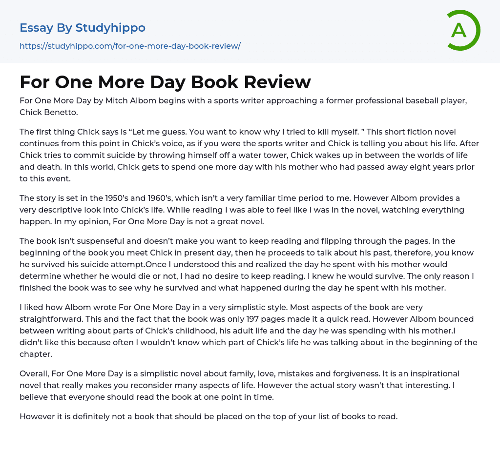 For One More Day Book Review Essay Example