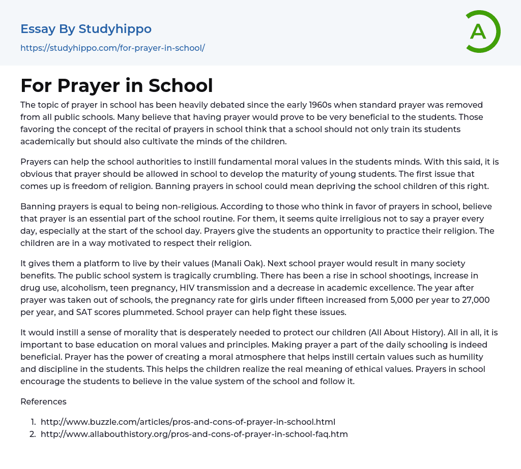 For Prayer in School Essay Example