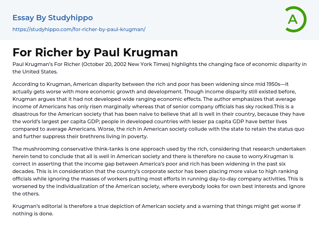 For Richer by Paul Krugman Essay Example