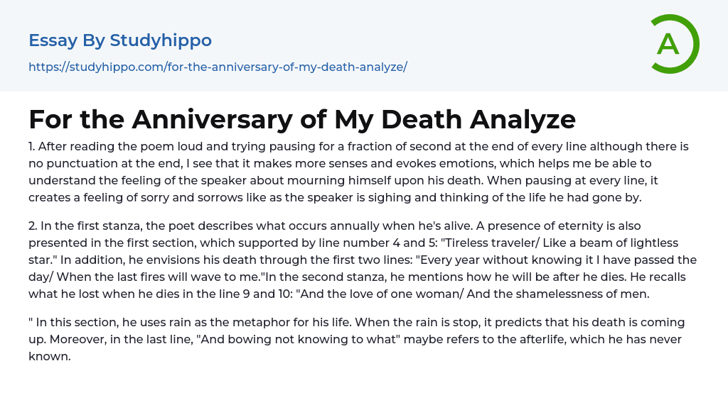 For the Anniversary of My Death Analyze Essay Example