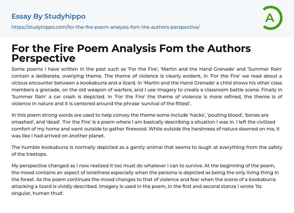 For the Fire Poem Analysis Fom the Authors Perspective Essay Example