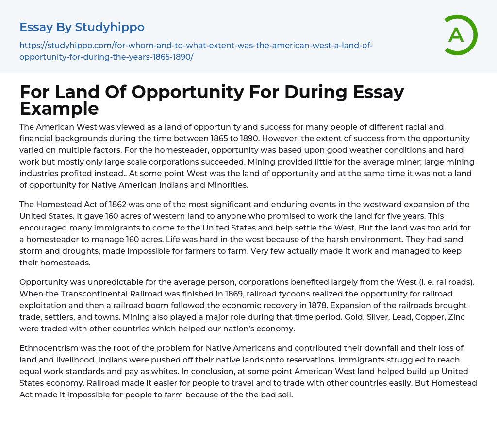 For Land Of Opportunity For During Essay Example