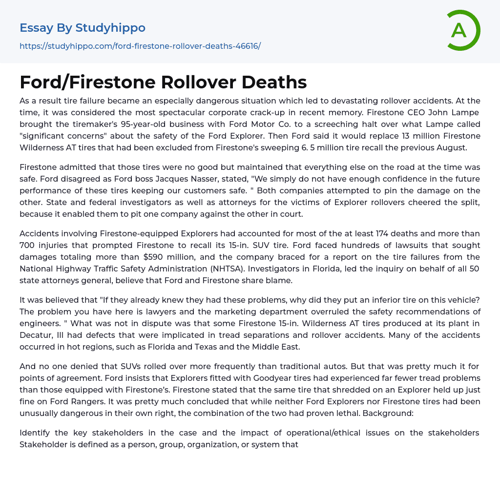 Ford/Firestone Rollover Deaths Essay Example