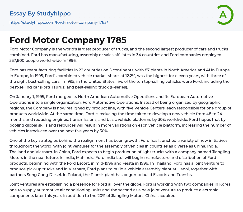 Ford Motor Company 1785 Essay Example