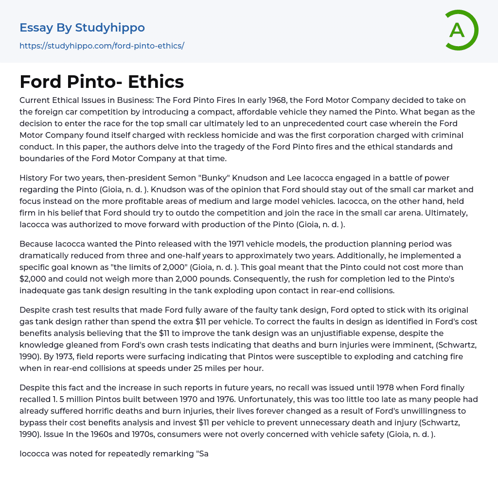 Ford Pinto- Ethics Essay Example