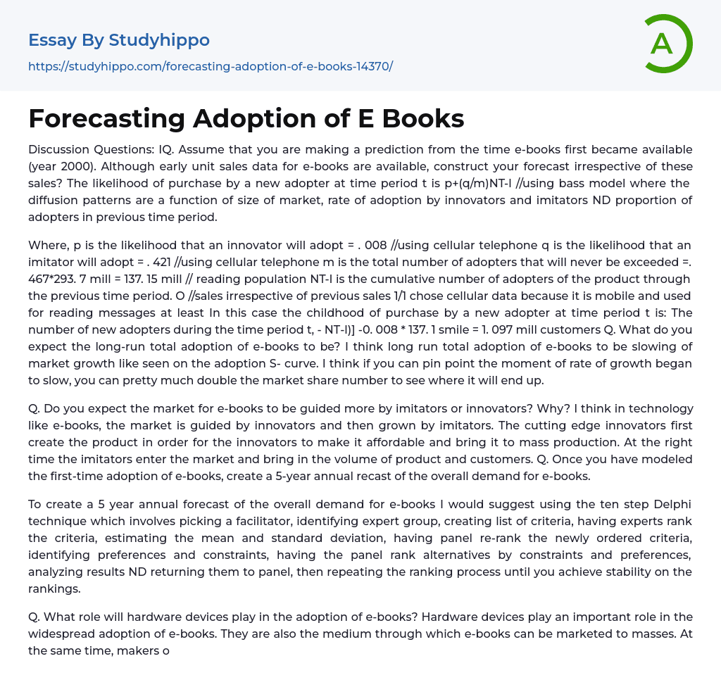 Forecasting Adoption of E Books Essay Example