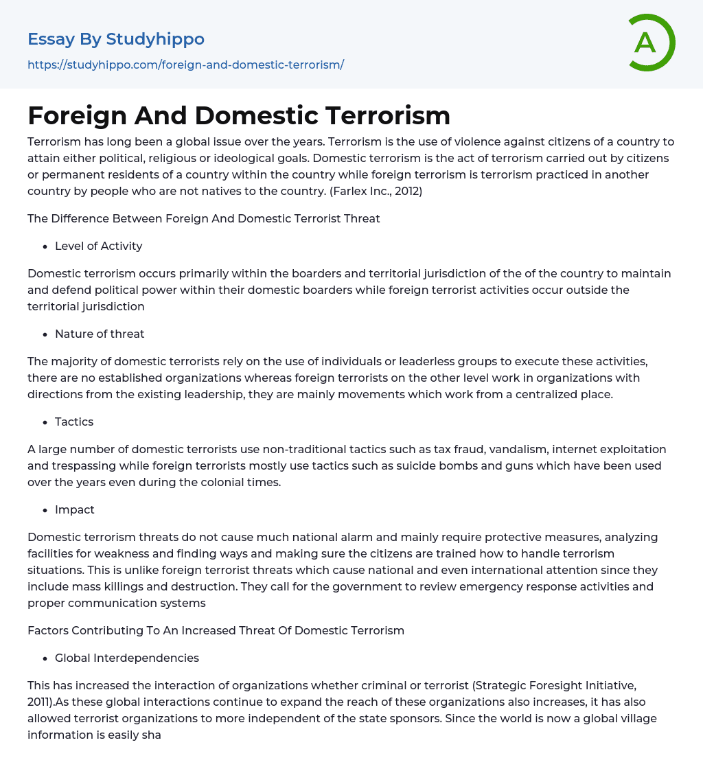 Foreign And Domestic Terrorism Essay Example