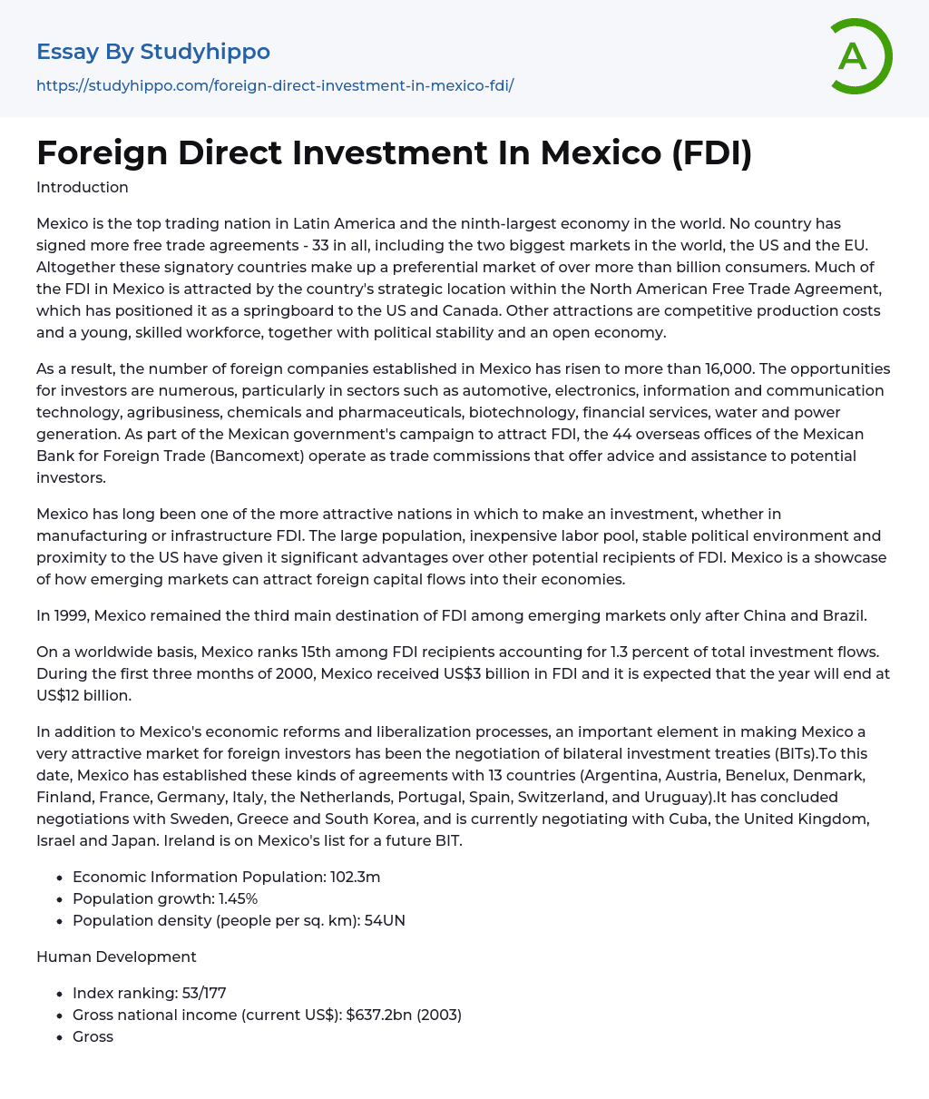 Foreign Direct Investment In Mexico (FDI) Essay Example