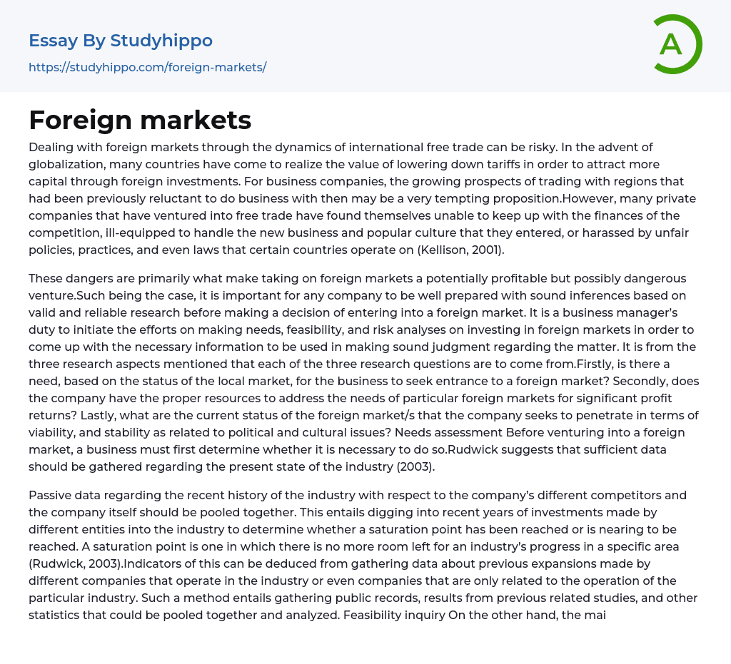 Foreign markets Essay Example