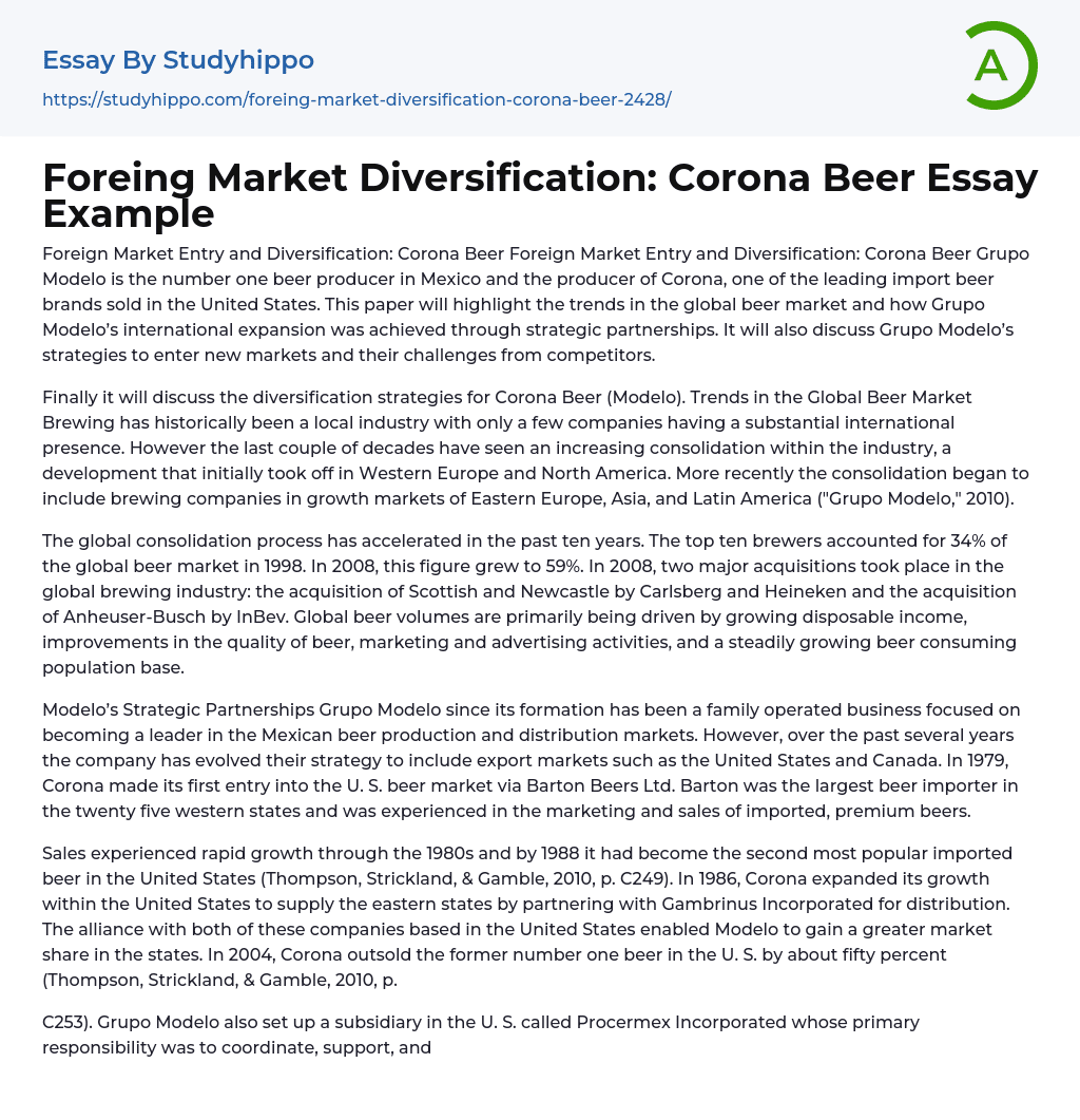 Foreing Market Diversification: Corona Beer Essay Example