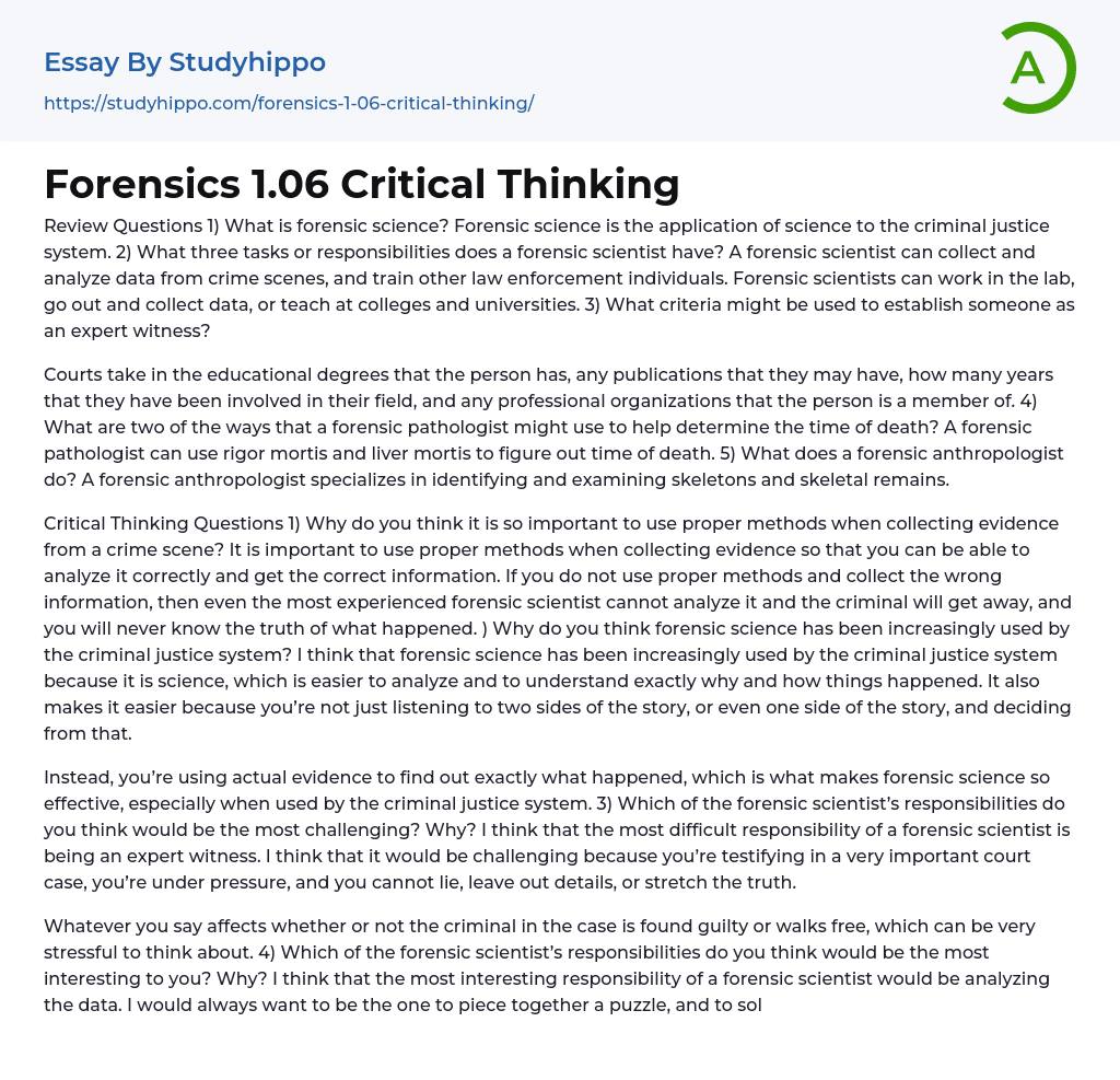 Forensics 1.06 Critical Thinking Essay Example
