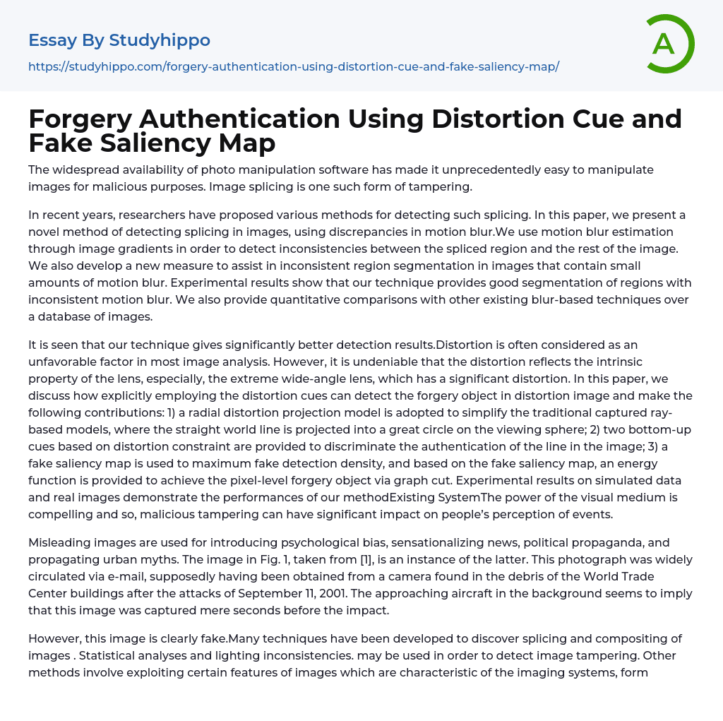 Forgery Authentication Using Distortion Cue and Fake Saliency Map Essay Example