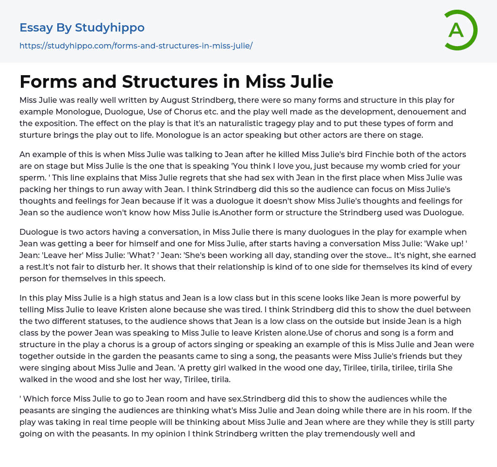 Forms and Structures in Miss Julie Essay Example