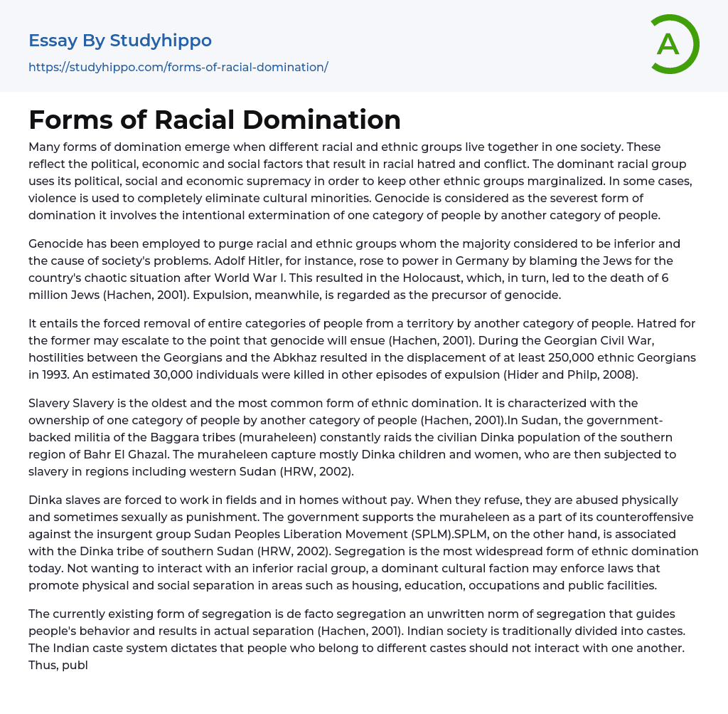 Forms of Racial Domination Essay Example