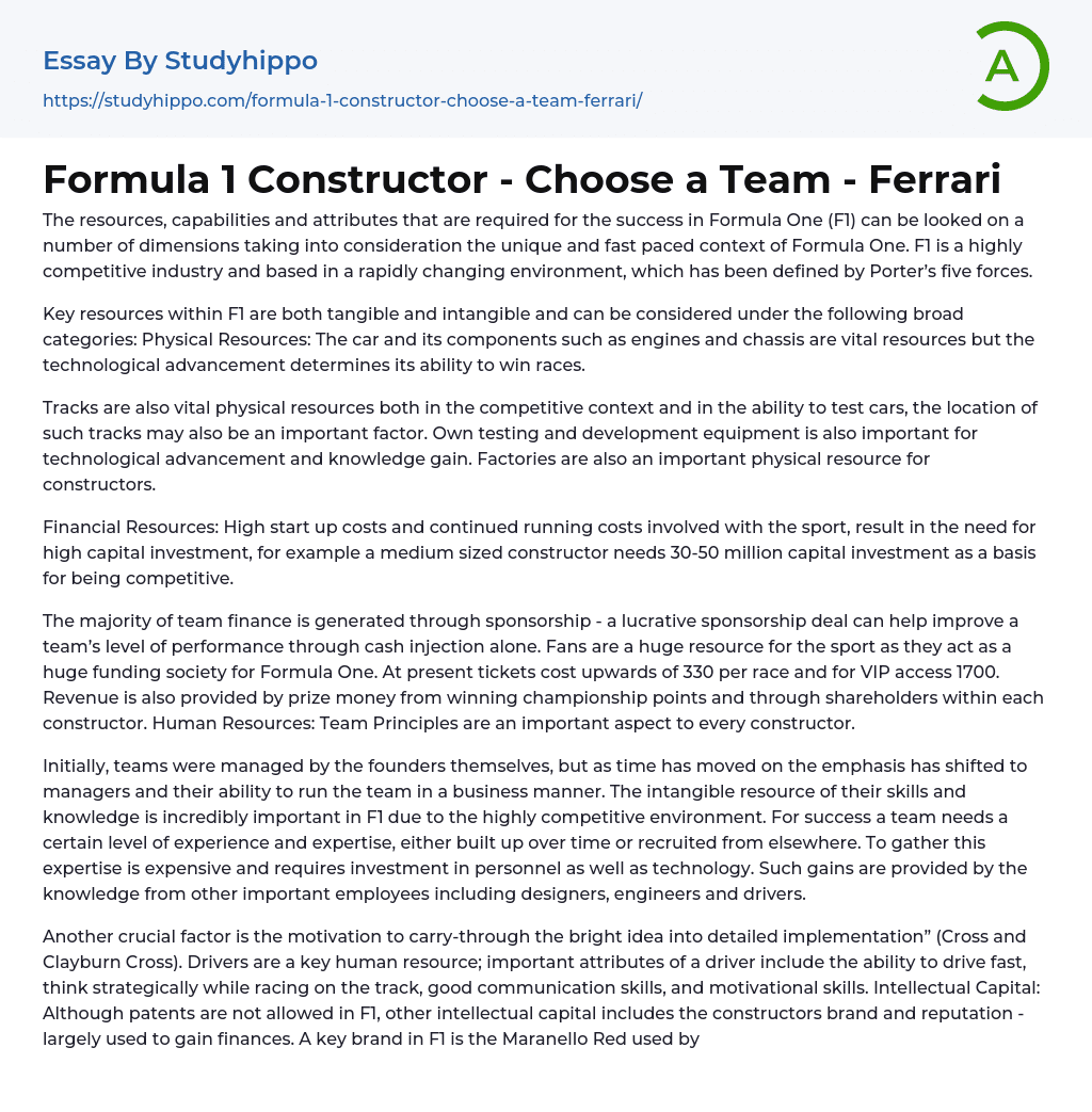 Formula 1 Constructor – Choose a Team – Ferrari Essay Example