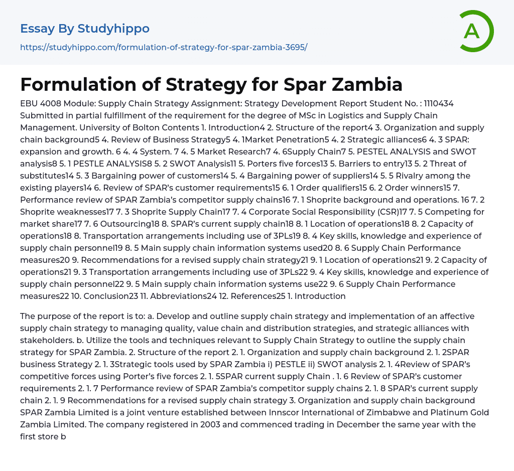 Formulation of Strategy for Spar Zambia Essay Example