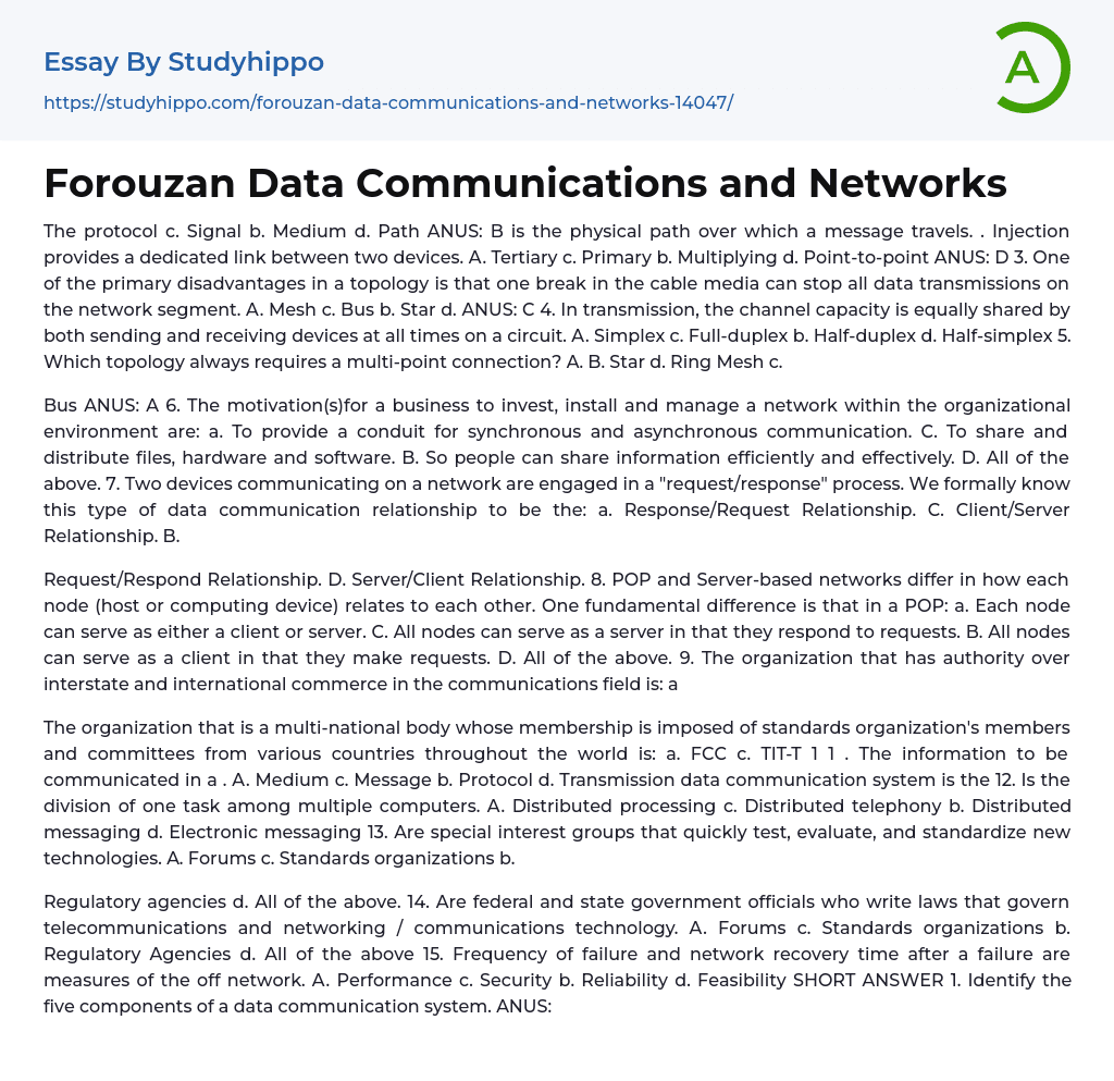 Forouzan Data Communications and Networks Essay Example