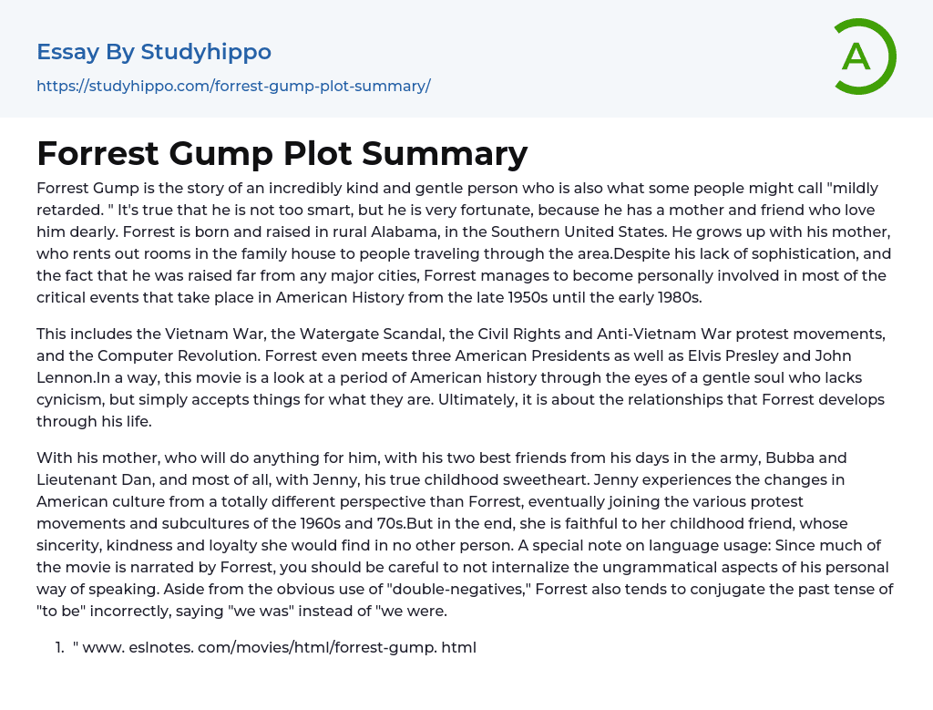 Forrest Gump Plot Summary Essay Example