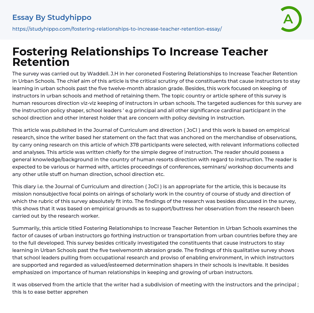 Fostering Relationships To Increase Teacher Retention Essay Example