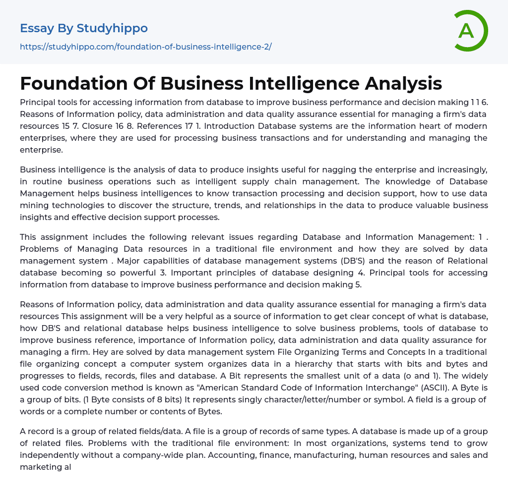 Foundation Of Business Intelligence Analysis Essay Example