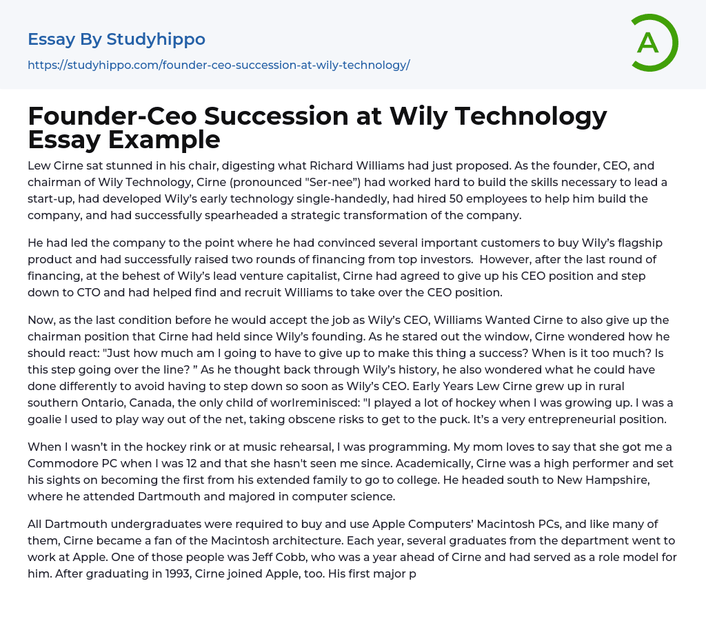 Founder-Ceo Succession at Wily Technology Essay Example