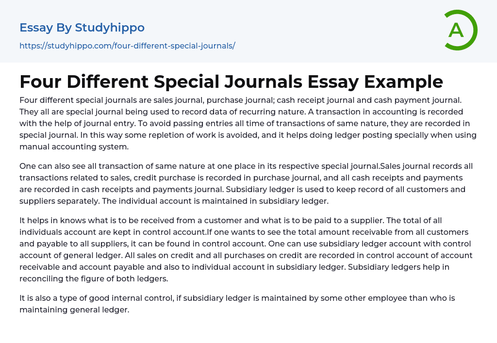 Four Different Special Journals Essay Example